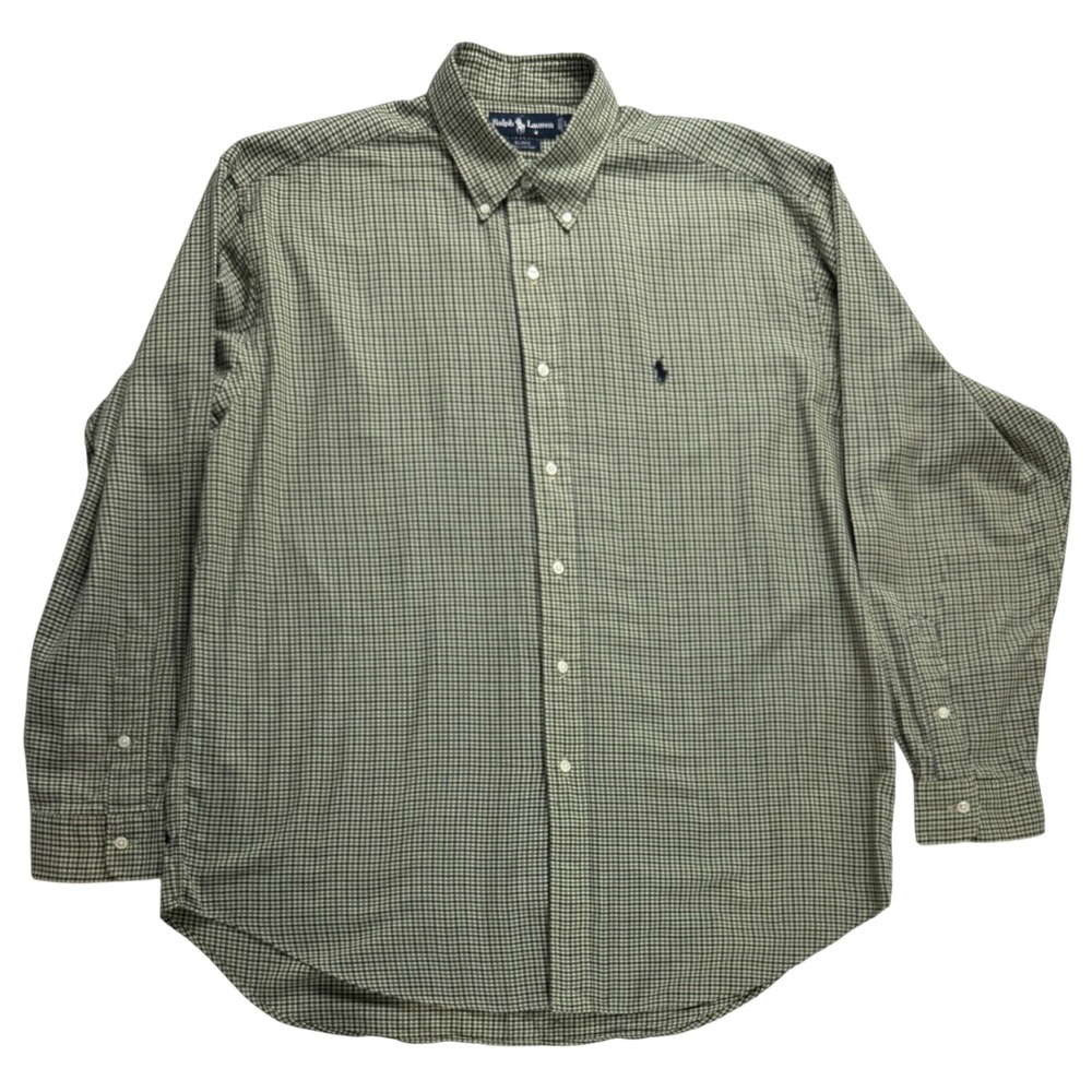 Ralph Lauren Blake Mens Large Green White Gingham Check Button Down Cotton Shirt